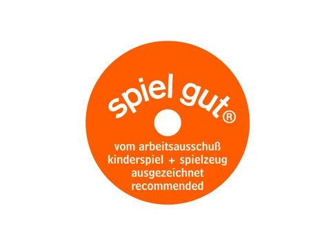 Appelsínugult 'spiel gut' logo með hvítum Bakgrunn.