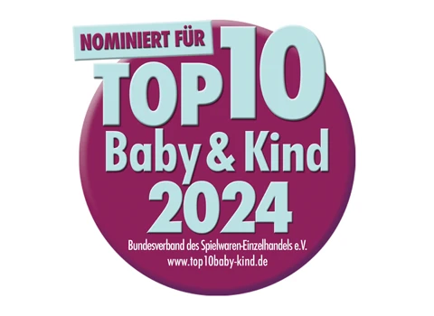 Viðurkenning fyrir 'Top 10 Baby & Kind 2024' á hvítum bakgrunn.