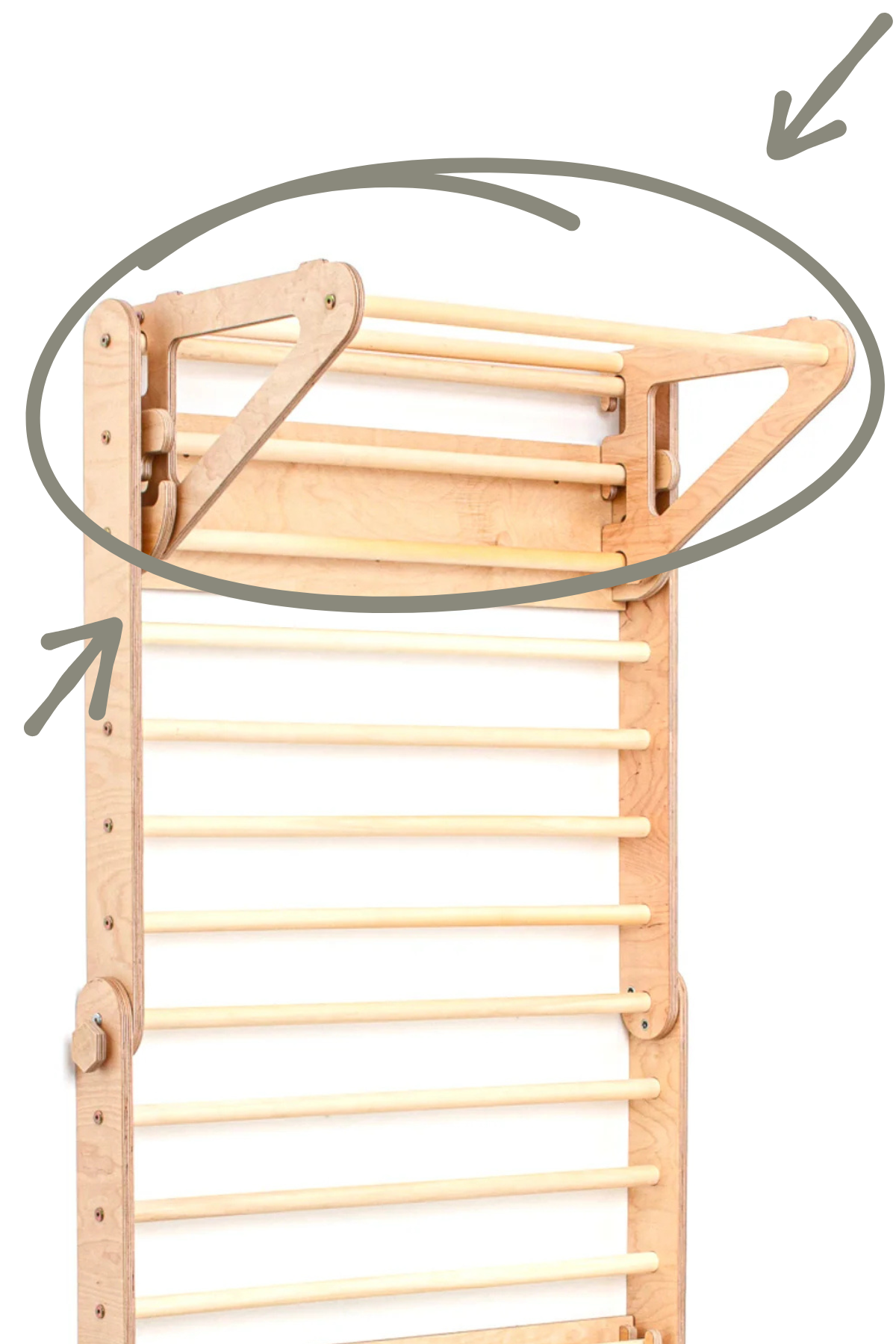 Teikning af veggfestingu með monkey bar fyrir Pikler þríhyrning frá Duck WoodWorks með stærðarmálum