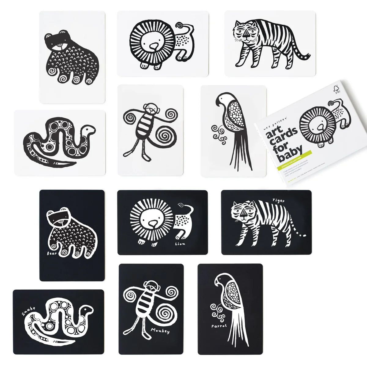Set of black and white animal illustrations on cards with a card holder.