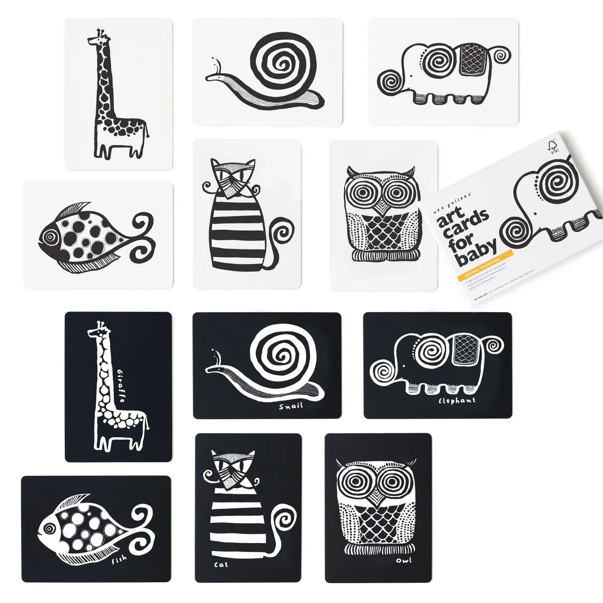 Set of black and white animal-themed art cards for babies on a white background.