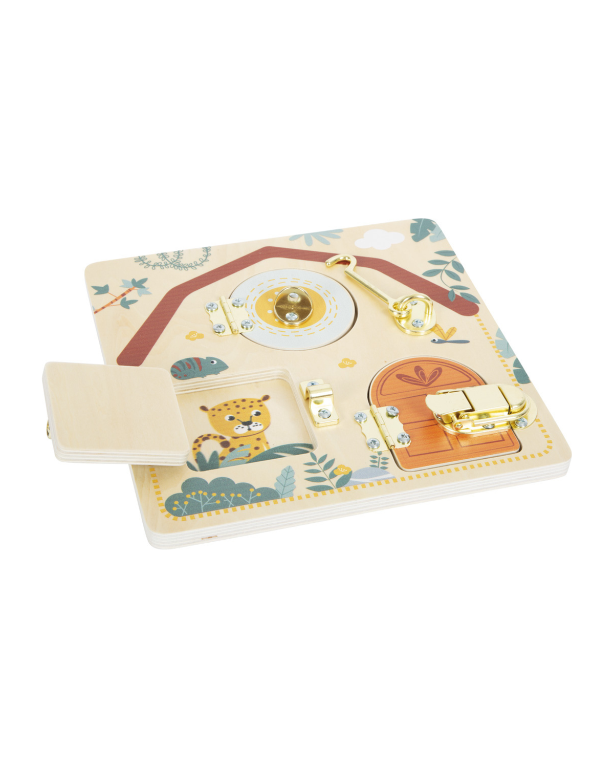 Viðar lásaspjald fyrir börn með safari mynstri og þjálfun á fínhreyfingum