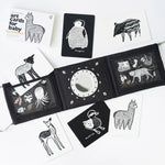 Black and white art cards for baby with animal illustrations on a white background