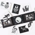 Black and white art cards with animal illustrations on a white background