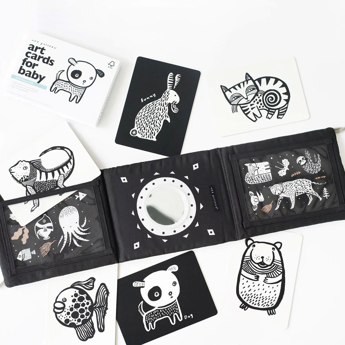 Black and white art cards for baby with animal illustrations on a white background