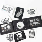 Black and white art cards for baby with animal illustrations on a white background