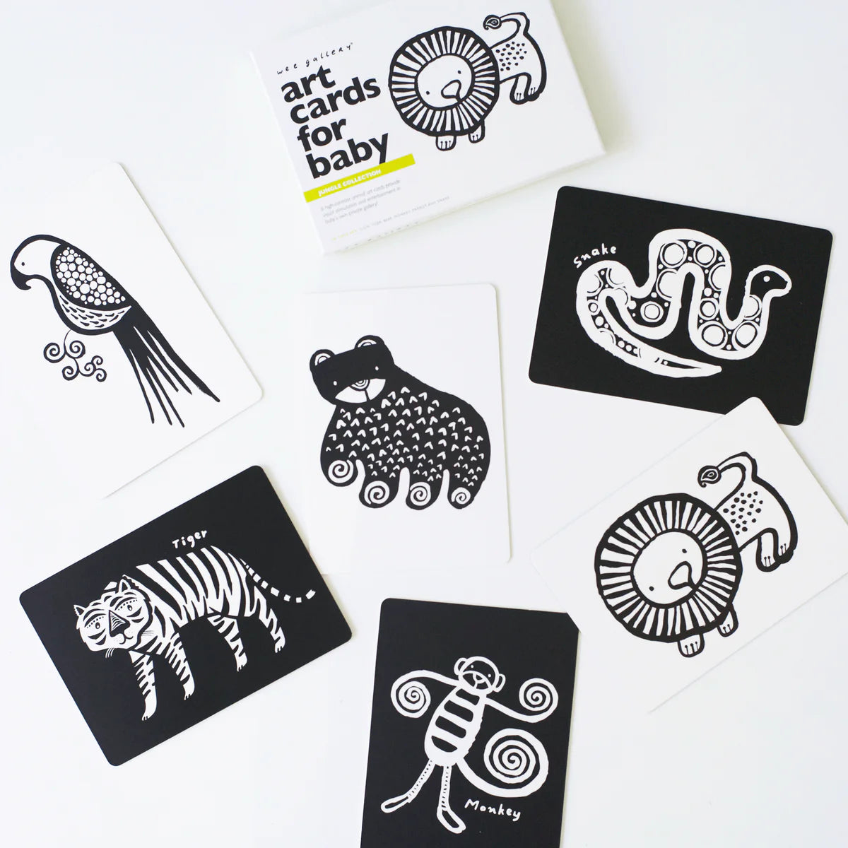 Set of black and white animal illustration cards on a white background