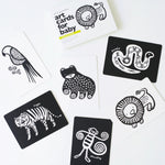 Set of black and white animal illustration cards on a white background